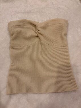 Amazon Beige Knit Twist-Front Strapless Crop Top